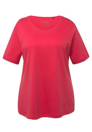 Czerwona koszulka z krótkim rękawem i dekoltem w kształcie litery V, wykonana z miękkiego materiału. Prosty krój z luźnym fasonem i bez widocznych wzorów czy akcentów.