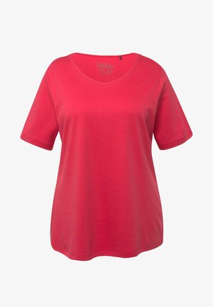 T-shirt rossa a maniche corte con scollo a V, realizzata in tessuto morbido. Taglio semplice con una vestibilità rilassata e senza motivi o accenti visibili.