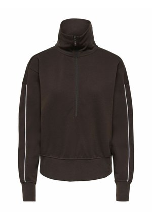 Pull-over marron foncé à manches longues avec fermeture éclair partielle à l'avant, col montant, manches avec poignets et fines rayures blanches courant le long de chaque bras.