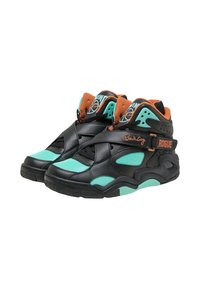 Zapatillas altas negras con acentos de malla turquesa, textura de cuero, correa ajustable y cuello acolchado marrón con detalle de logo.