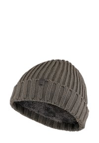 Grau gestrickte Mütze mit geripptem Muster, ausgestattet mit einem weichen, flauschigen Innenfutter und einem kleinen Logo-Patch.