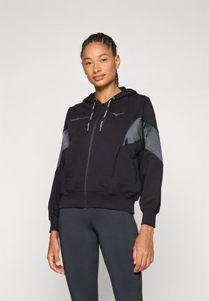 Black zip-up hoodie with a hood, featuring gray accent panels on shoulders, embroidered logo on chest, and drawstring ties.