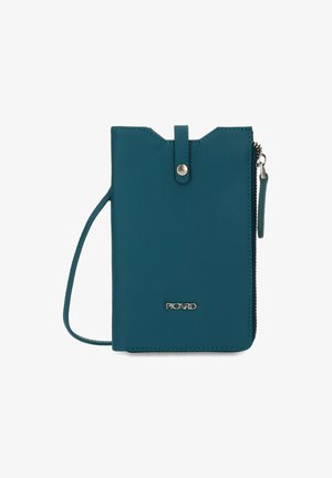 Teal leather wallet with a zip closure, top snap, and attached wrist strap. Features embossed logo and textured finish.