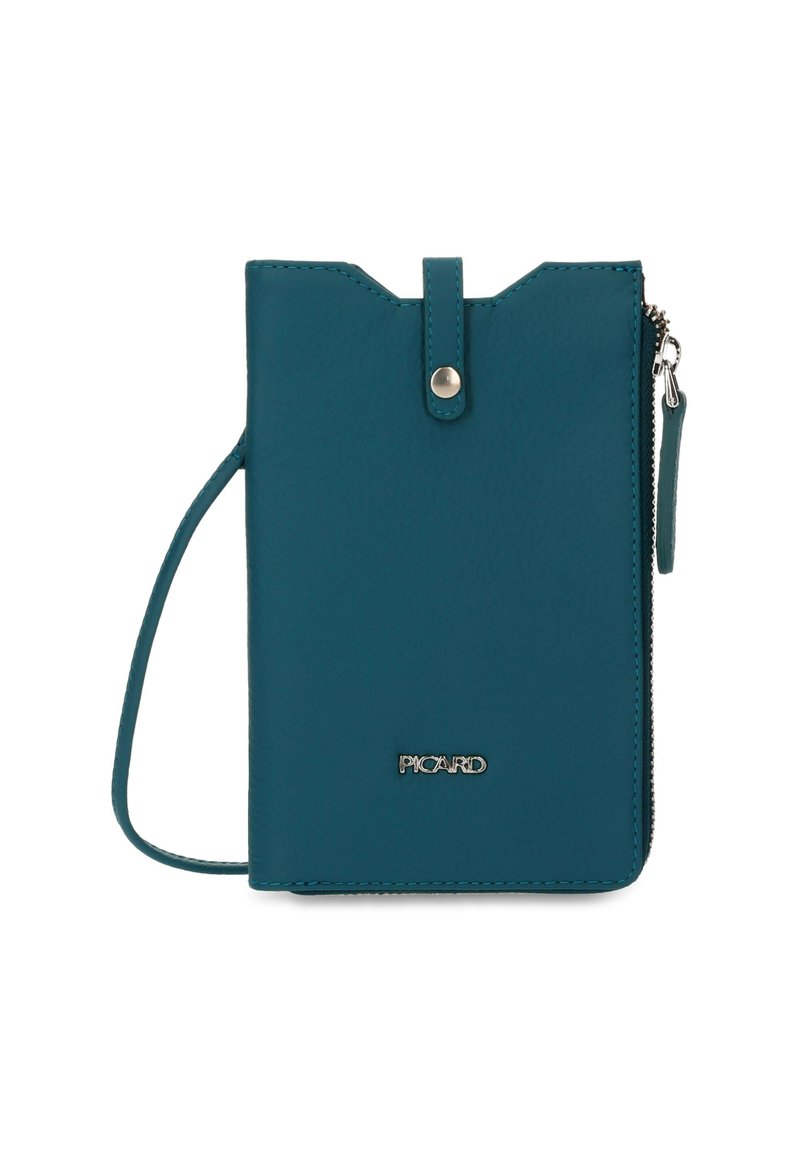 Teal leather wallet with a zip closure, top snap, and attached wrist strap. Features embossed logo and textured finish.
