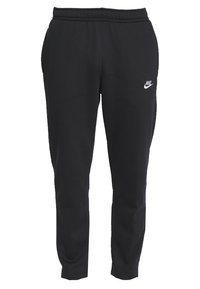 Svarta sweatpants tillverkade av en mjuk bomullsblandning, med elastisk midjeresår, sidofickor och en liten vit Nike-logotyp på vänster lår.