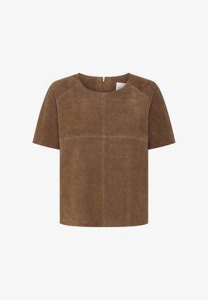 Barna velúr, rövid ujjú felső, kerek nyakkivágással és egyenes szabással, minimalista varrási részletekkel és diszkrét hátsó cipzárral.