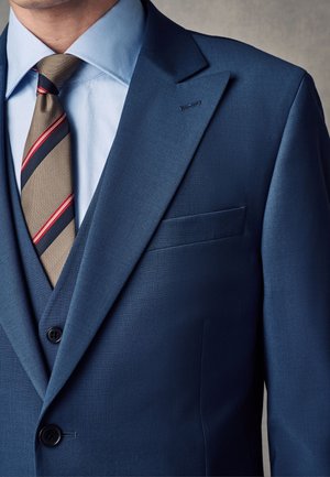 Mann trägt eine blaue Anzugsjacke, hellblaues Hemd und eine gestreifte braun-schwarz-rote Krawatte, dargestellt vom Hals bis zur Taille.