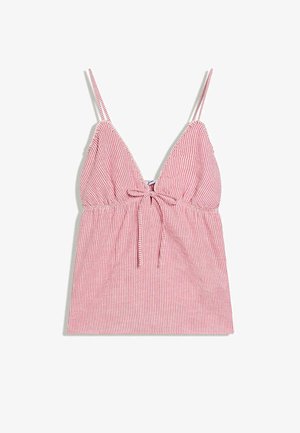 Mouwloze roze-wit gestreepte camisetetop met dunne bandjes, een lage V-hals en een strikdetail aan de voorkant onder de buste.