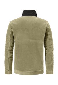 Helle olivgrüne Fleecejacke mit langen Ärmeln und schwarzem Stehkragen, von hinten vor einem weißen Hintergrund gezeigt.