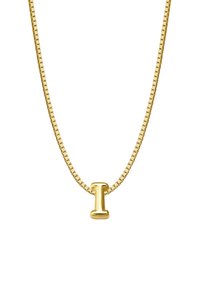 Zlato obarvana ogrlica s ravnim, pravokotnim verižicem in minimalističnim obeskom v obliki črke 'I'. Gladka, poliširana površina, preprost dizajn.