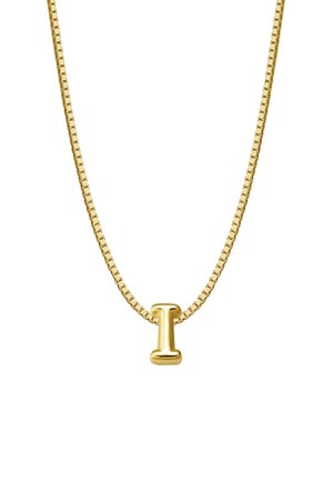 Zelta krāsas kaklarota ar plakanu, taisnstūrveida ķēdi un minimālistisku "I" formas piekari. Gluda, pulēta virsma, vienkāršs dizains.