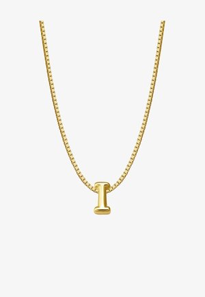 Auksinės spalvos kaklo grandinėlė su plokščia, stačiakampio formos grandine ir minimalistine 'I' formos pakabuku. Lygi, poliruota paviršius, paprastas dizainas.