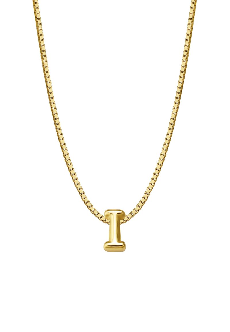 Zlato obarvana ogrlica s ravnim, pravokotnim verižicem in minimalističnim obeskom v obliki črke 'I'. Gladka, poliširana površina, preprost dizajn.