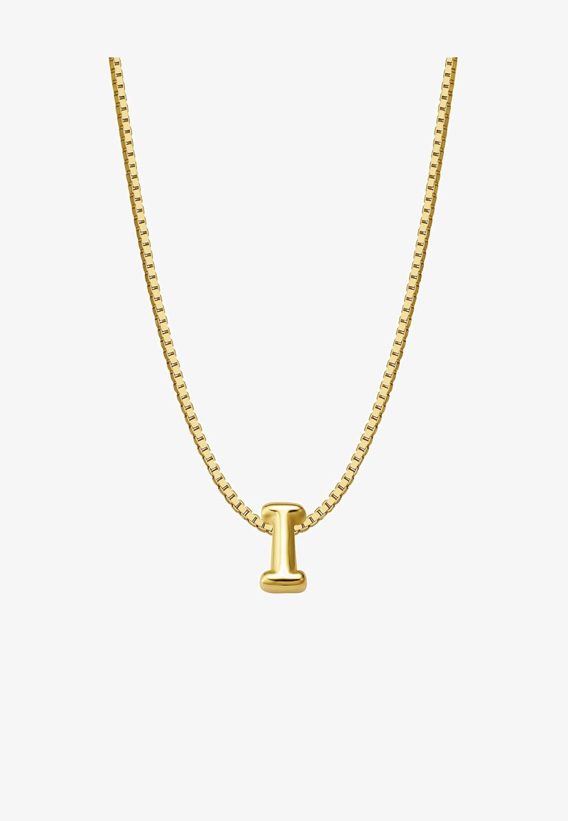 Zlato obarvana ogrlica s ravnim, pravokotnim verižicem in minimalističnim obeskom v obliki črke 'I'. Gladka, poliširana površina, preprost dizajn.