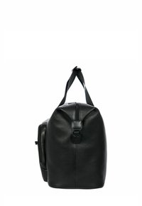 Sac de voyage en cuir noir à forme arrondie, fermeture zippée et double poignée. Surface texturée avec une légère brillance, agrémentée d'un accent métallique.