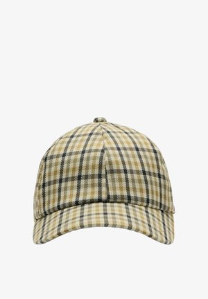Gorra de béisbol a cuadros beige y negra con visera curva y botón en la parte superior, mostrada sobre un fondo blanco.
