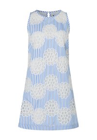 Ärmelloses A-Linien-Kleid mit blau-weißen vertikalen Streifen, verziert mit großen weißen Spitzenapplikationen in Blumenform und einer kleinen Rückenöffnung mit Knopfverschluss.