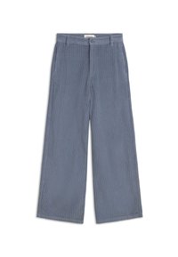 Brede broek gemaakt van een gestructureerde, geribbelde stof in een lichte blauwe kleur. Voorzien van een knoopsluiting en een klassiek ontwerp van de tailleband.