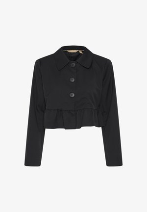 Fekete, rövidített kabát hosszú ujjakkal, galléros nyakkivágással, négy gombbal és fodros aljjal. Simaságú szövetszerkezet.