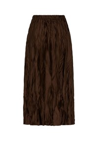 Brun knælang nederdel lavet af krøllet stof med elastisk talje. Har et struktureret, lagdelt design for et flydende udseende.