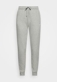 Light grey sweatpants with elastic waistband and drawstring, cuffed ankles, and small white Nike logo on left thigh.