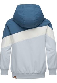 Light blue hooded jacket with a color-block design featuring dark blue, white, and light blue panels. Elastic cuffs and hem.