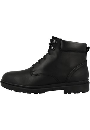 Botas de cuero negras hasta el tobillo con punta redondeada, cordones en la parte delantera y superficie texturizada. Cuenta con una suela de goma duradera para mayor tracción.