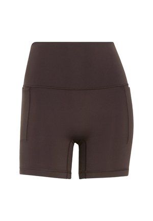 Pantalones deportivos de color marrón oscuro con una cinturilla alta, dos bolsillos laterales y una tela lisa y elástica. Las costuras planas aumentan la durabilidad.