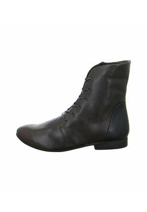 Brown leather ankle boot with a pointed toe, front lacing, and a solid flat heel. Features a textured surface and smooth accents.