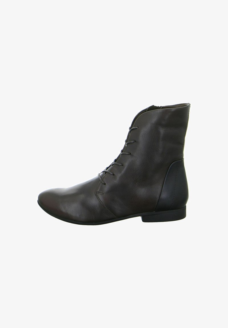 Brown leather ankle boot with a pointed toe, front lacing, and a solid flat heel. Features a textured surface and smooth accents.