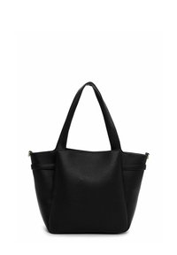 Černá kožená taška typu tote s texturovaným povrchem, má dvě rukojeti a otevřený vršek. Jednoduchý design bez viditelných kovových částí či ozdob.