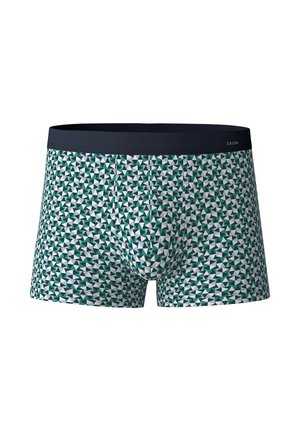Boxers aus einem weichen Material, mit einem geometrischen Muster in Grüntönen, Weiß und Marineblau, sowie einem einfarbigen Marineblauem Bund.