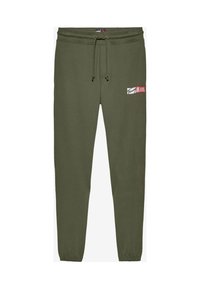 Pantalones deportivos verde oliva con un corte ceñido, cintura elástica, cordón y detalle de logo en el lateral. Textura suave similar al algodón, puños acanalados.