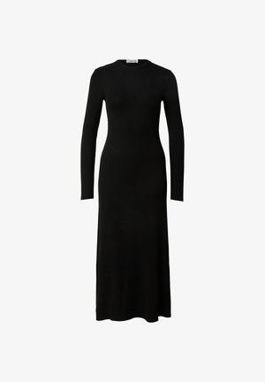 Schwarzes, geripptes Langarmkleid mit Rundhalsausschnitt, taillierter Silhouette und verlängertem Saum, aus einem dehnbaren Stoff gefertigt. Keine sichtbaren Muster.