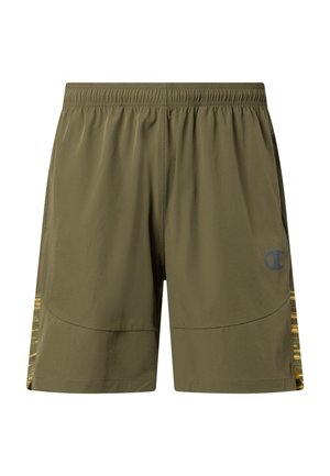 Shorts de sport vert olive avec taille élastique et panneaux latéraux à motif jaune subtil, comportant un petit logo bleu marine sur la jambe droite.