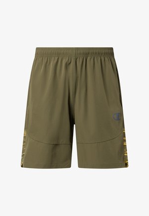 Oliwkowo-zielone sportowe spodenki z elastycznym pasem i subtelnymi żółtymi panelami bocznymi w wzory, z małym granatowym logo na prawej nodze.