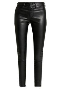 Černé kožené kalhoty s elegantním, přiléhavým designem. Mají klasický pětikusový styl, zapínání na knoflík a hladkou strukturu.