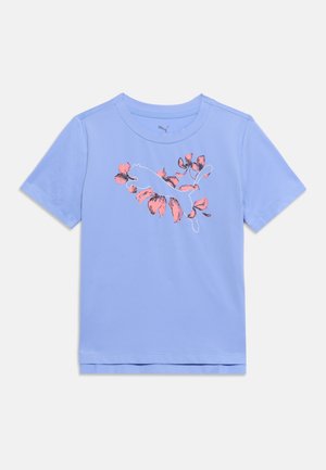 Light blue short-sleeve shirt with round neck, featuring a large Puma logo surrounded by pink and black floral design on the front.