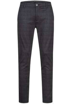 Gray trousers with a subtle plaid pattern, featuring a straight leg design, button closure, and belt loops for adjustable fit.