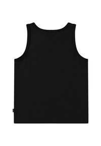 Svart linne, ärmlös design, mjukt material, rak fåll, rund halsringning, minimalistsik stil, inga synliga mönster eller detaljer.