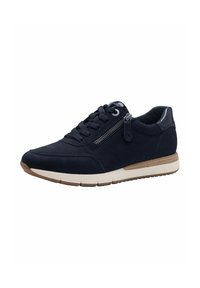 Sneaker in suede blu navy con punta rotonda, chiusura con lacci davanti, dettaglio con zip laterale e suola in gomma beige con grip testurizzato.