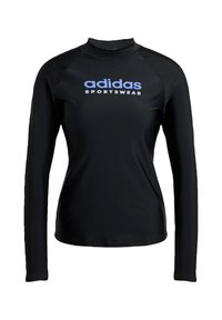 Black long-sleeve sports top made of stretchy fabric with a high neck. Features large blue "adidas SPORTSWEAR" logo on the front.