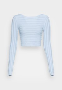 Top cropped de mangas longas em azul claro com textura de riscas horizontais, apresentando um decote arredondado e mangas ajustadas. Material suave e canelado.