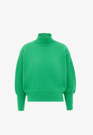 Pulover verde tricotat cu guler înalt, mâneci puf cu textură și tiv elastic. Materialul pare moale și confortabil, având un model uniform.