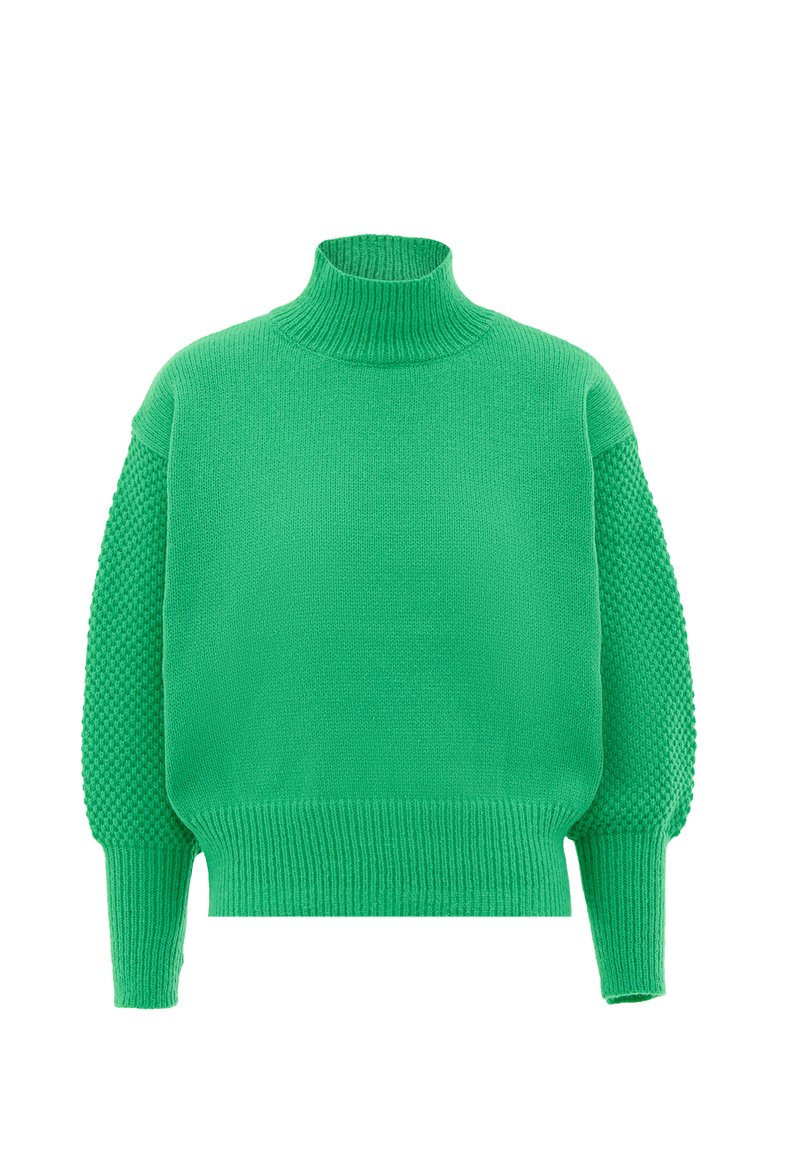 Grüner Strickpullover mit hohem Kragen, strukturierten Puffärmeln und geripptem Saum. Das Material wirkt weich und kuschelig mit einem gleichmäßigen Muster.