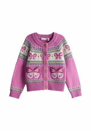 Rosa Strickjacke mit Rundhalsausschnitt, Knopfleiste und gerippten Manschetten. Verfügt über Schmetterlingsmuster und bunte geometrische Designs über die gesamte Vorderseite.