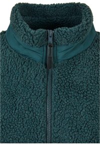 Giacca in pile di colore verde scuro con colletto alto, chiusura a zip e tessuto in peluche testurizzato. Presenta un pannello liscio lungo il colletto.