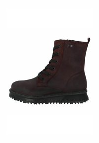 Leather ankle boot in dark burgundy with black laces, round toe, textured surface, rugged outsole, and a side zip for easy wear.