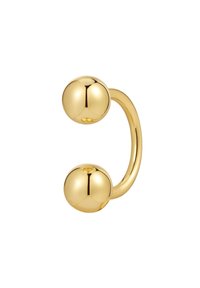 Kuulakultainen metallinen korvake, jossa on kaareva muotoilu ja kaksi sileää pallomaista päätä. Heijastava pinta ja saumatonta muotoa. Kevyt ja moderni.