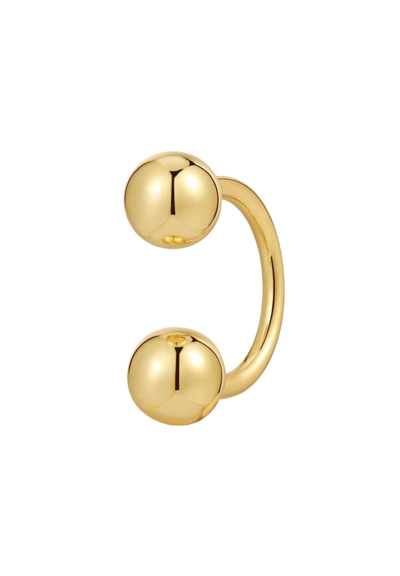 Kuulakultainen metallinen korvake, jossa on kaareva muotoilu ja kaksi sileää pallomaista päätä. Heijastava pinta ja saumatonta muotoa. Kevyt ja moderni.